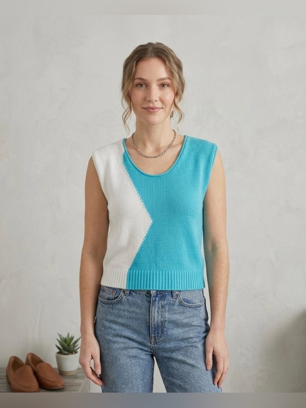 Vintage Designers Originals Colorblock Knit Sweater Vest Teal White Small Retro